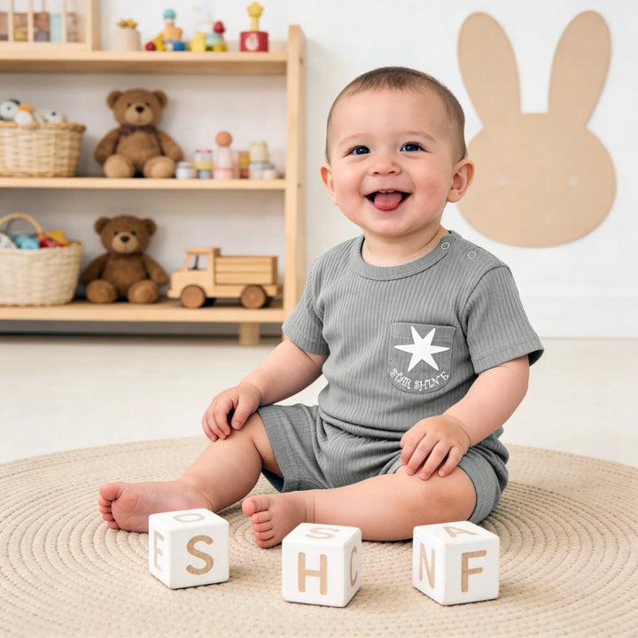 Babies Basic Ribbed Cotton Short Sleeves T-shirt and Plain Shorts Set