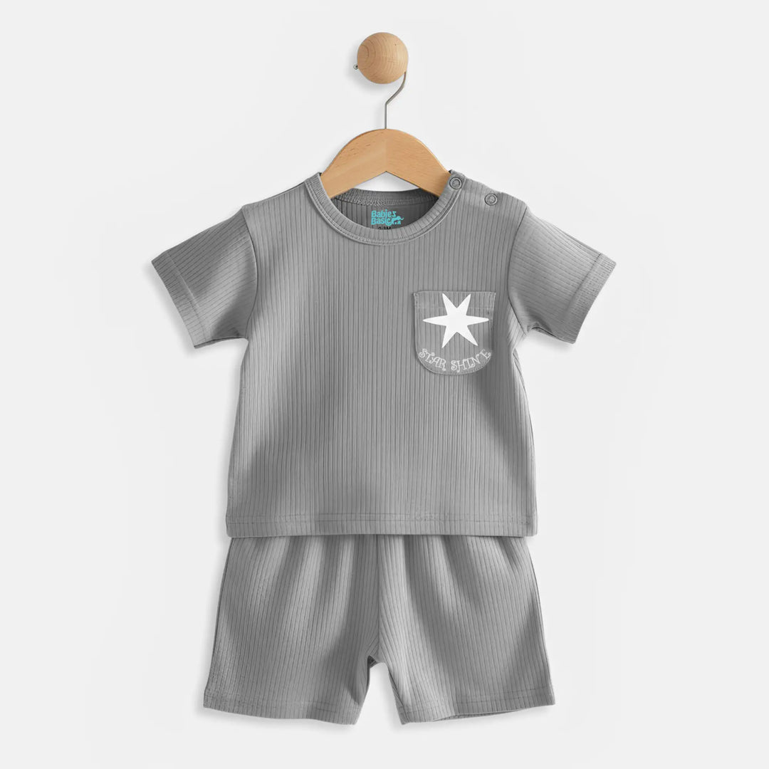 Babies Basic Ribbed Cotton Short Sleeves T-shirt and Plain Shorts Set