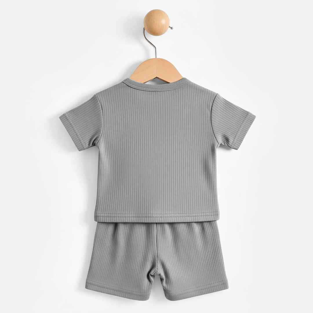 Babies Basic Ribbed Cotton Short Sleeves T-shirt and Plain Shorts Set