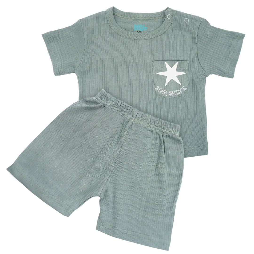 Babies Basic Ribbed Cotton Short Sleeves T-shirt and Plain Shorts Set
