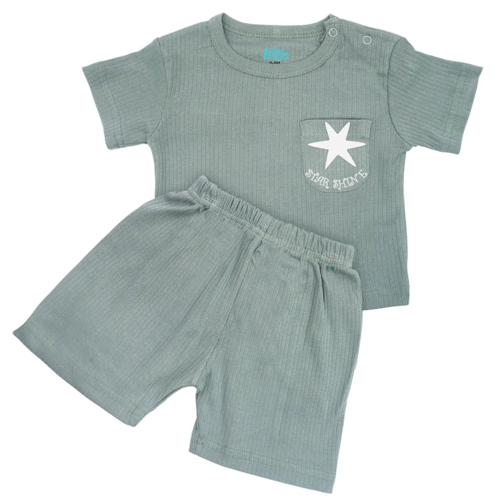 Babies Basic Ribbed Cotton Short Sleeves T-shirt and Plain Shorts Set