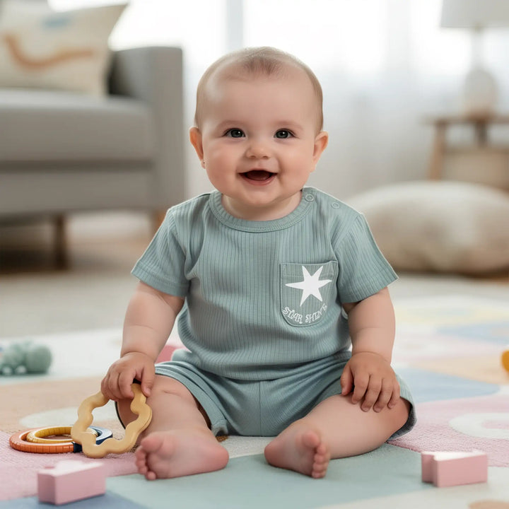 Babies Basic Ribbed Cotton Short Sleeves T-shirt and Plain Shorts Set