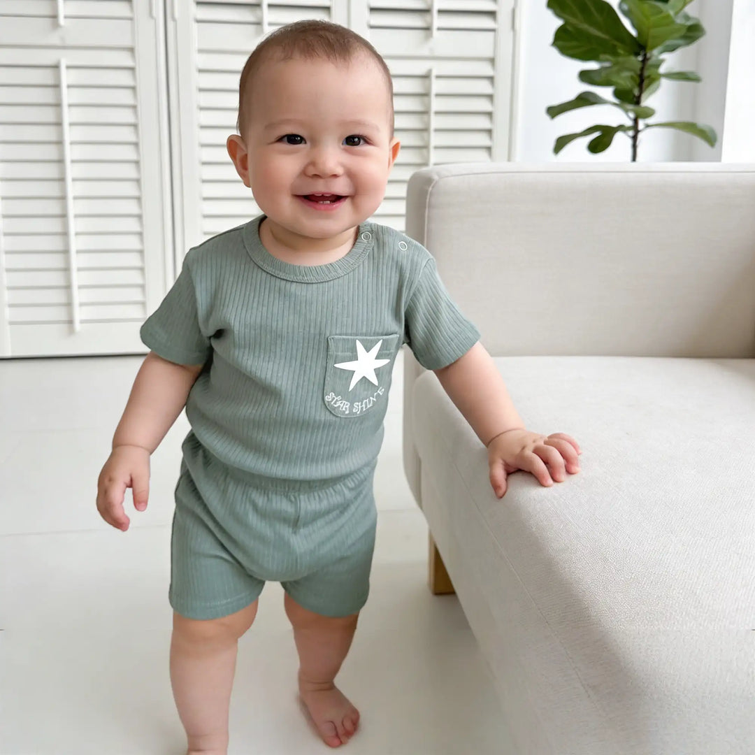 Babies Basic Ribbed Cotton Short Sleeves T-shirt and Plain Shorts Set