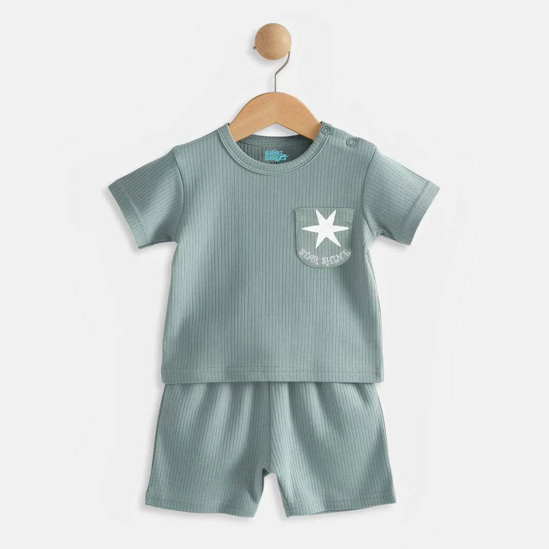 Babies Basic Ribbed Cotton Short Sleeves T-shirt and Plain Shorts Set