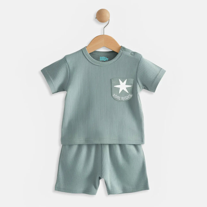 Babies Basic Ribbed Cotton Short Sleeves T-shirt and Plain Shorts Set