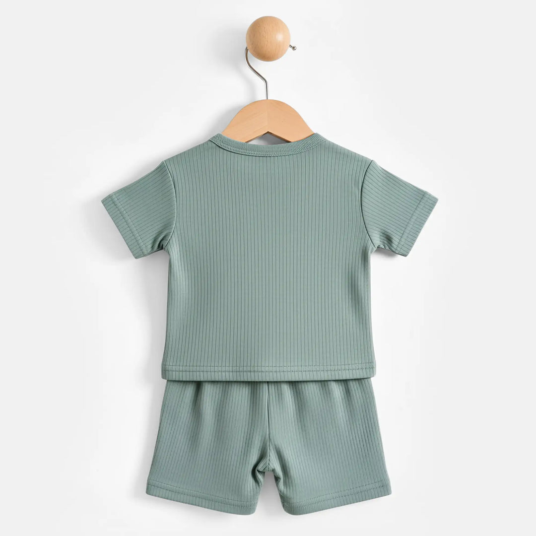 Babies Basic Ribbed Cotton Short Sleeves T-shirt and Plain Shorts Set