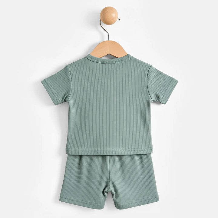 Babies Basic Ribbed Cotton Short Sleeves T-shirt and Plain Shorts Set