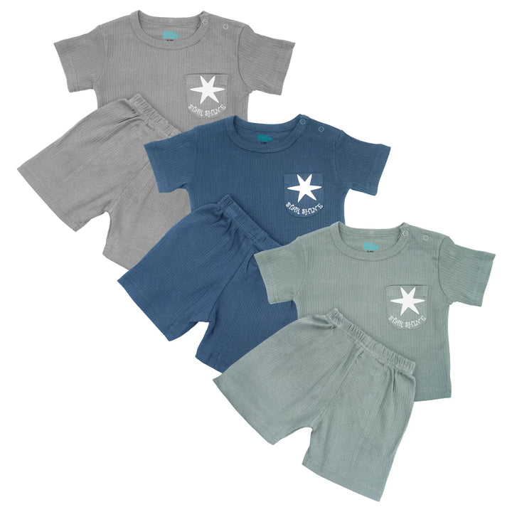 Babies Basic Ribbed Cotton Short Sleeves T-shirt and Plain Shorts Set - Pack of 3