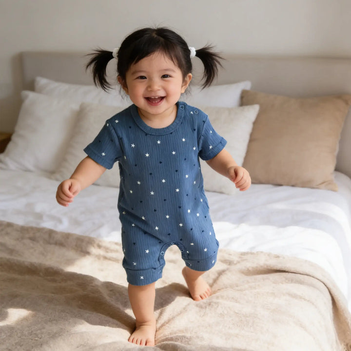 Babies Basic Ribbed Cotton Short Sleeves Printed Romper