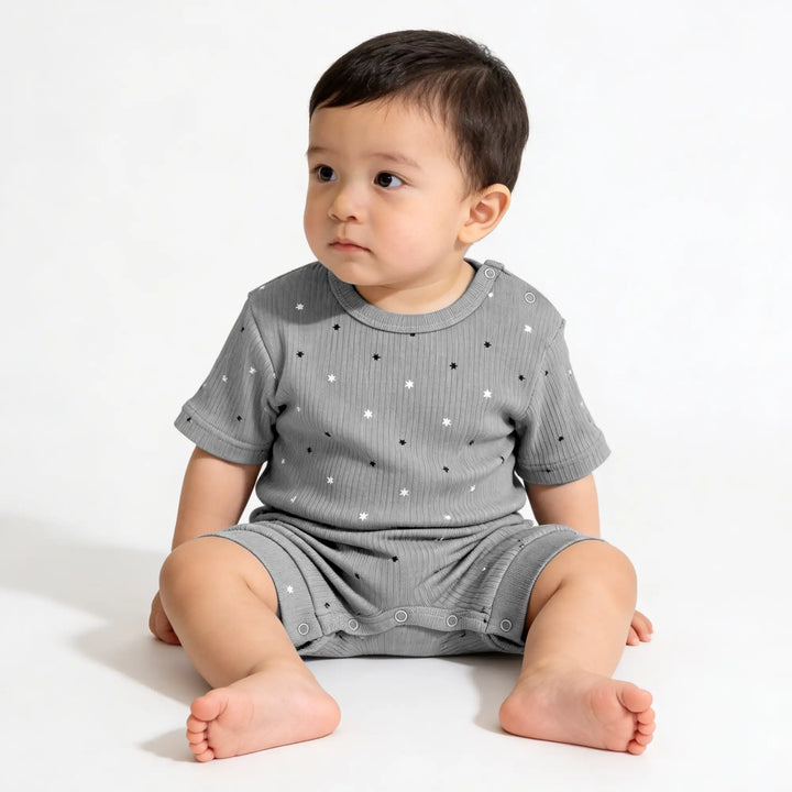 Babies Basic Ribbed Cotton Short Sleeves Printed Romper
