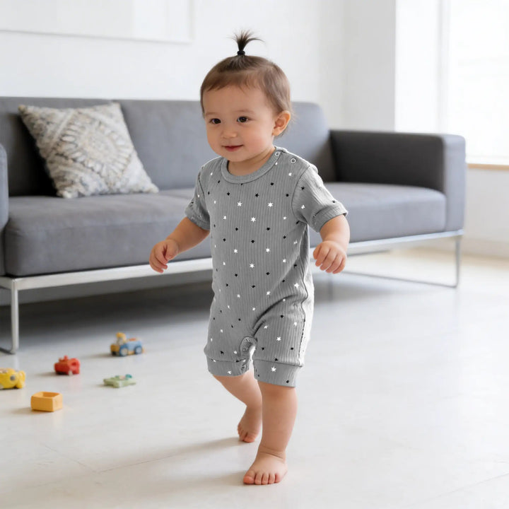 Babies Basic Ribbed Cotton Short Sleeves Printed Romper