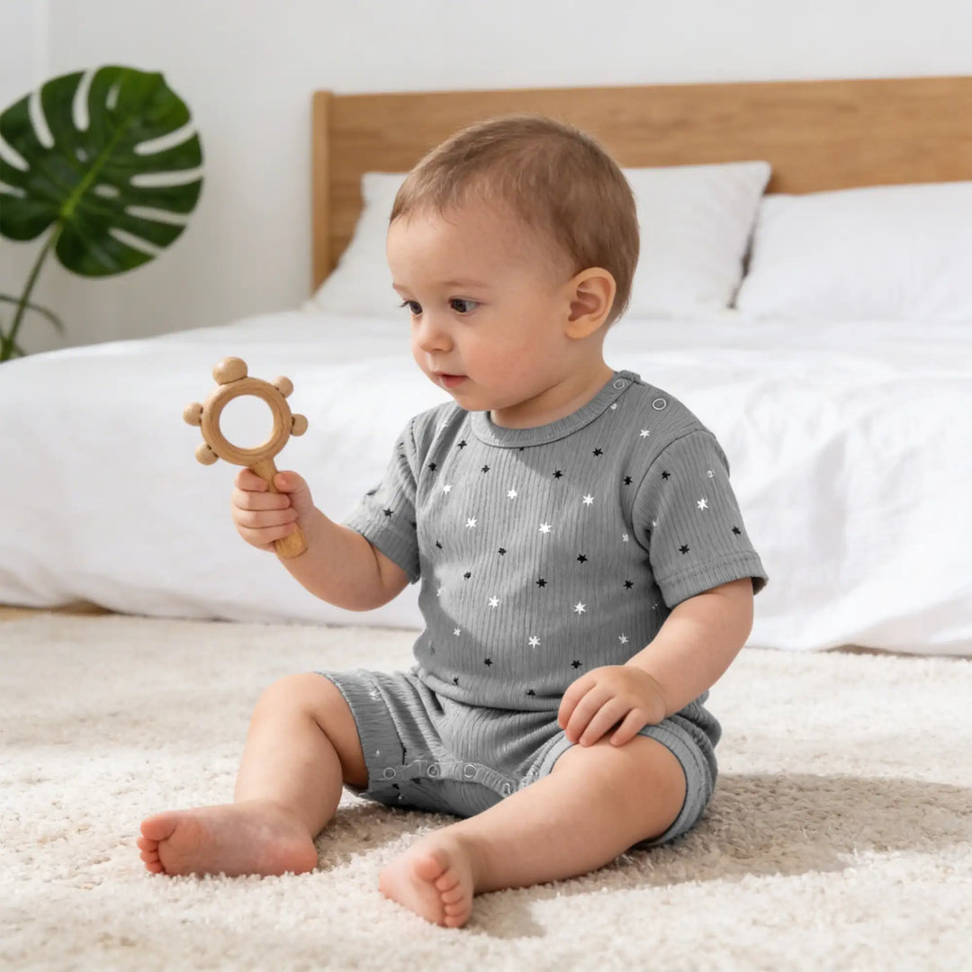 Babies Basic Ribbed Cotton Short Sleeves Printed Romper