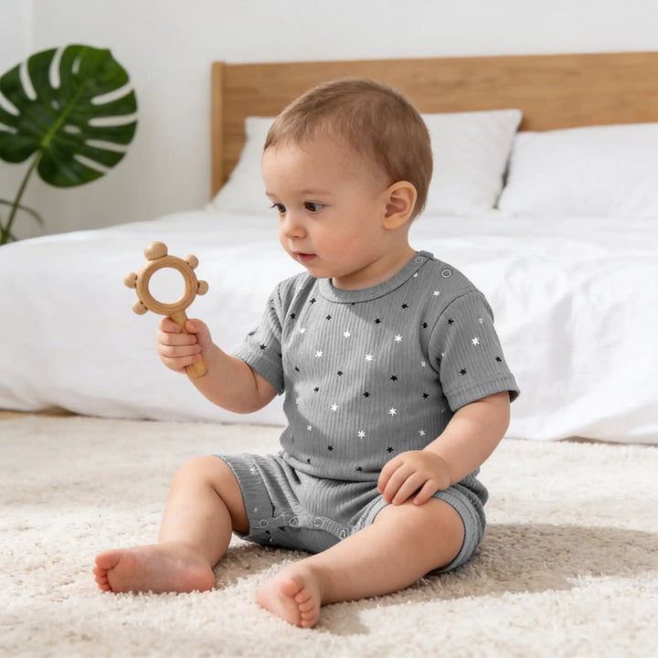 Babies Basic Ribbed Cotton Short Sleeves Printed Romper