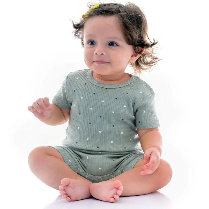 Babies Basic Ribbed Cotton Short Sleeves Printed Romper
