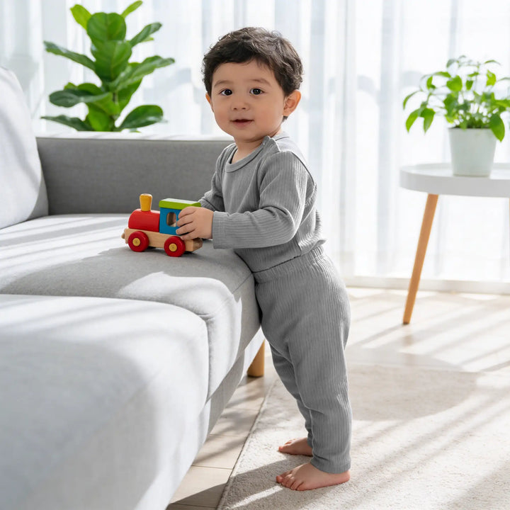 Babies Basic Ribbed Cotton Long Sleeves Top and Bottom Set
