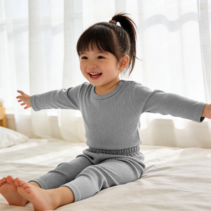 Babies Basic Ribbed Cotton Long Sleeves Top and Bottom Set