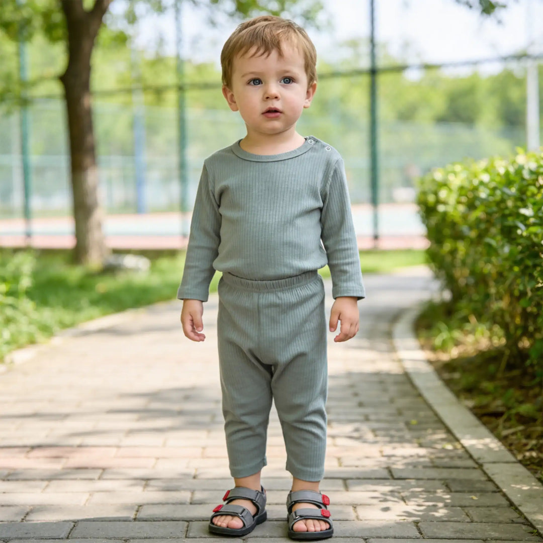 Babies Basic Ribbed Cotton Long Sleeves Top and Bottom Set