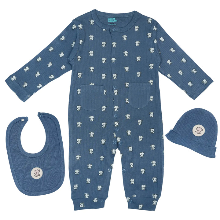 Babies Basic Ribbed Cotton Set with Sleepsuit/Romper, Cap and Bib