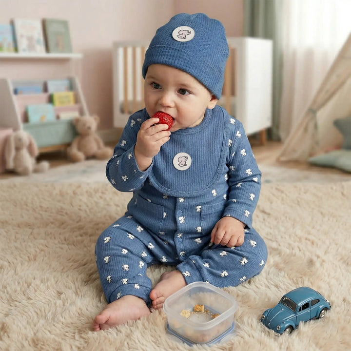 Babies Basic Ribbed Cotton Set with Sleepsuit/Romper, Cap and Bib