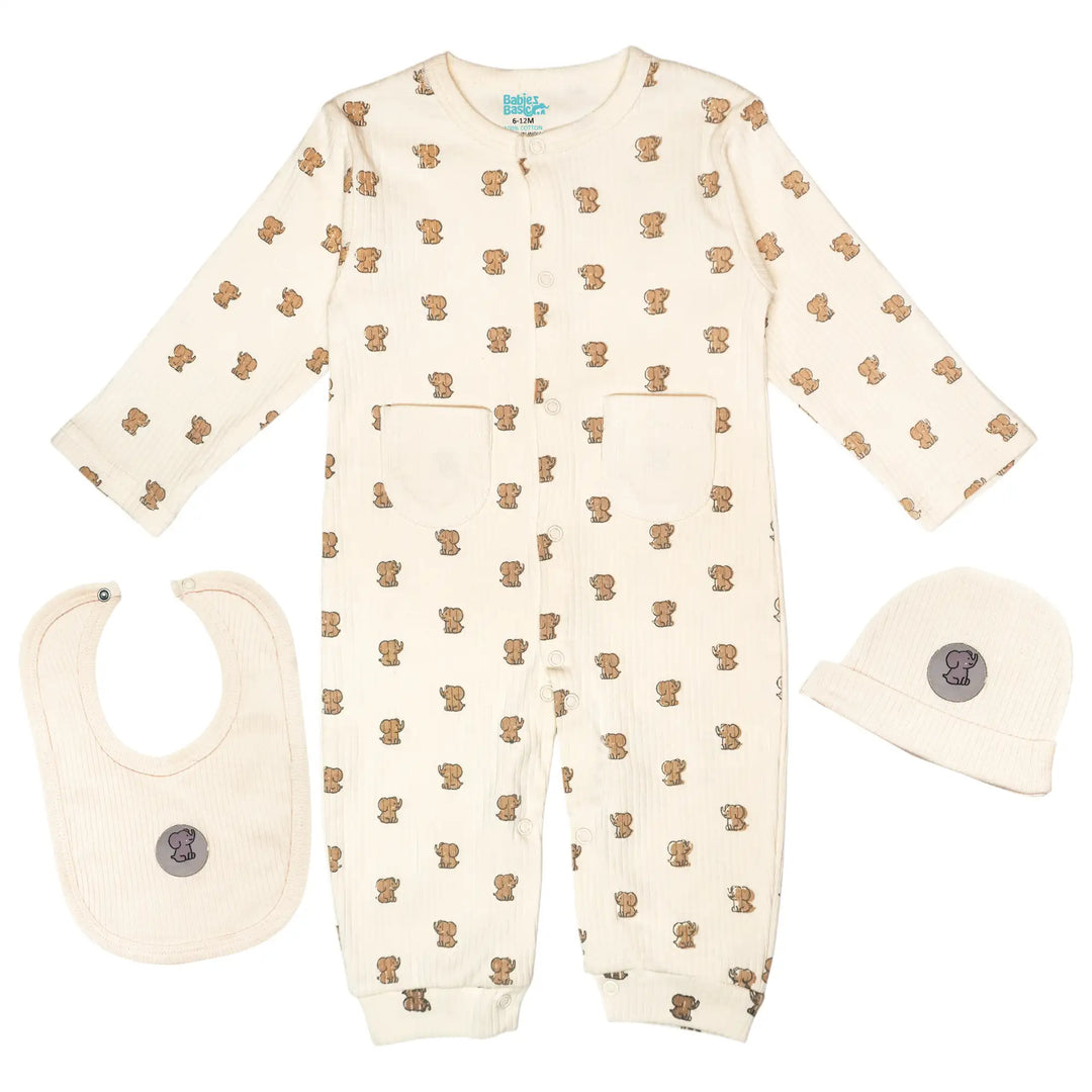 Babies Basic Ribbed Cotton Set with Sleepsuit/Romper, Cap and Bib