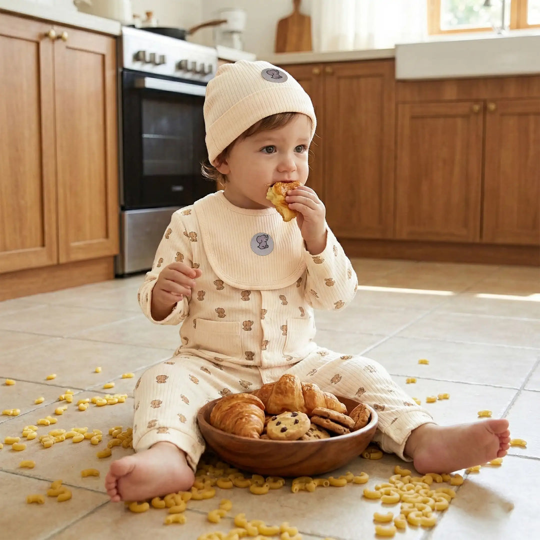 Babies Basic Ribbed Cotton Set with Sleepsuit/Romper, Cap and Bib