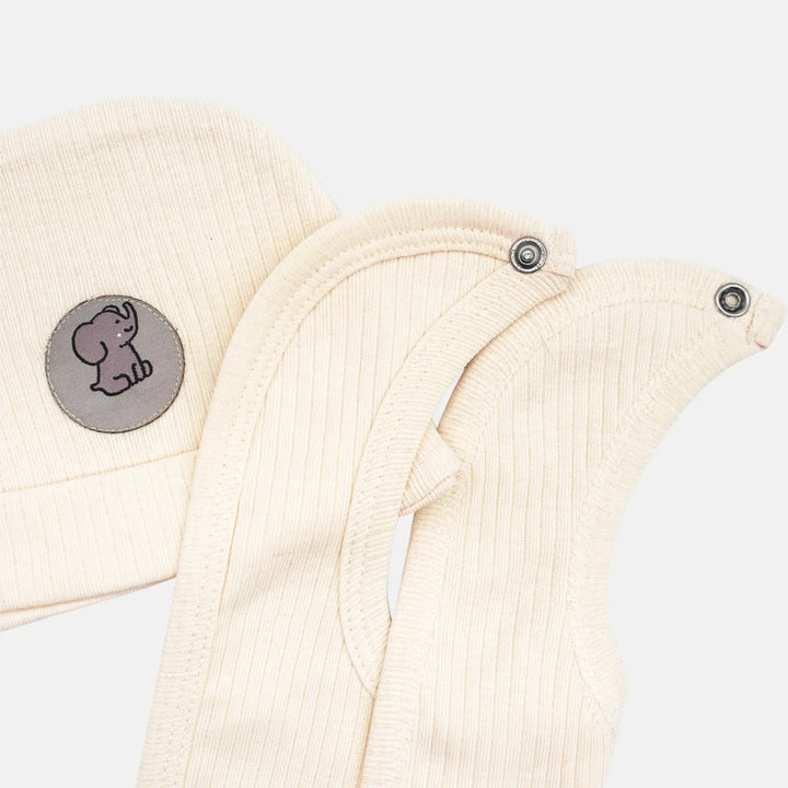 Babies Basic Ribbed Cotton Set with Sleepsuit/Romper, Cap and Bib