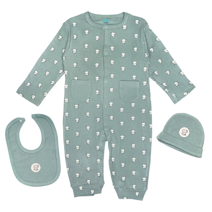 Babies Basic Ribbed Cotton Set with Sleepsuit/Romper, Cap and Bib