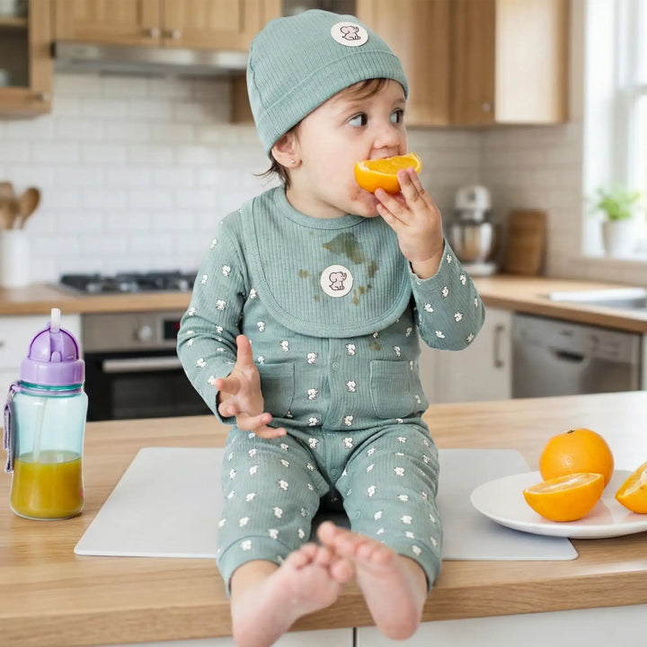 Babies Basic Ribbed Cotton Set with Sleepsuit/Romper, Cap and Bib