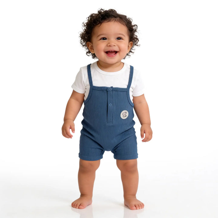 Babies Basic Ribbed Cotton Dungaree with Short Sleeves T-shirt