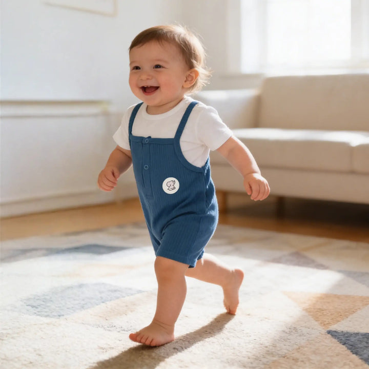 Babies Basic Ribbed Cotton Dungaree with Short Sleeves T-shirt