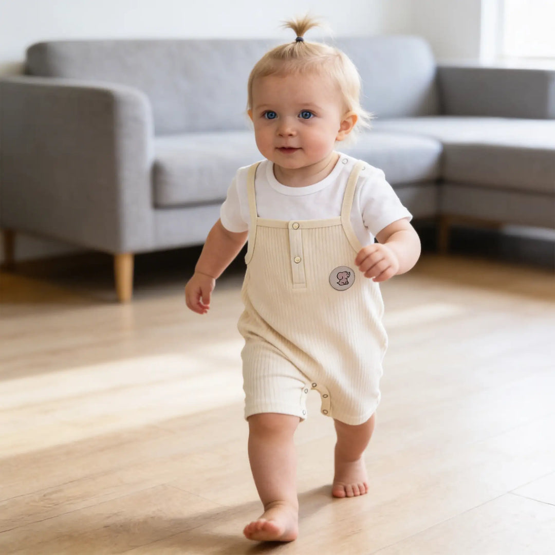 Babies Basic Ribbed Cotton Dungaree with Short Sleeves T-shirt