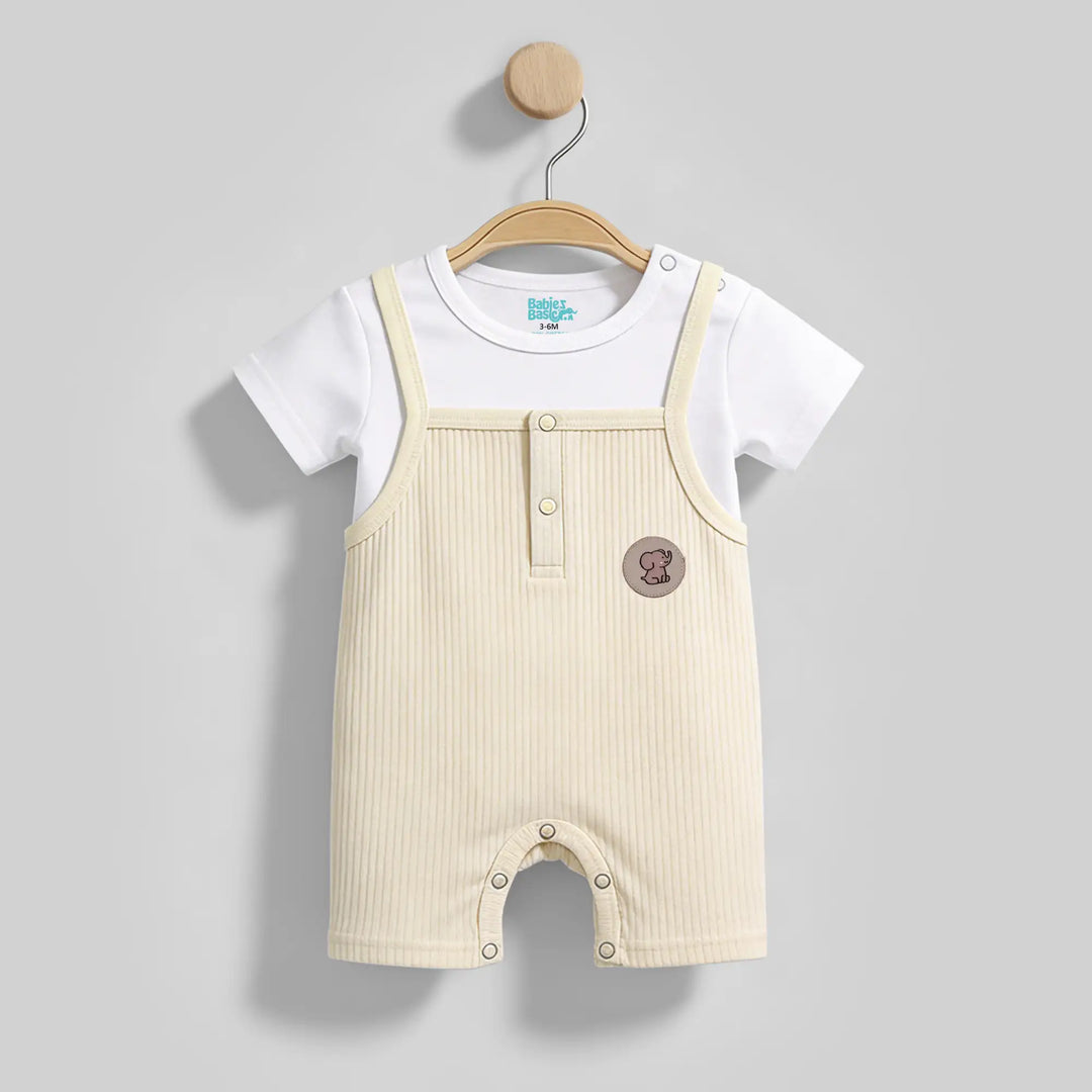 Babies Basic Ribbed Cotton Dungaree with Short Sleeves T-shirt