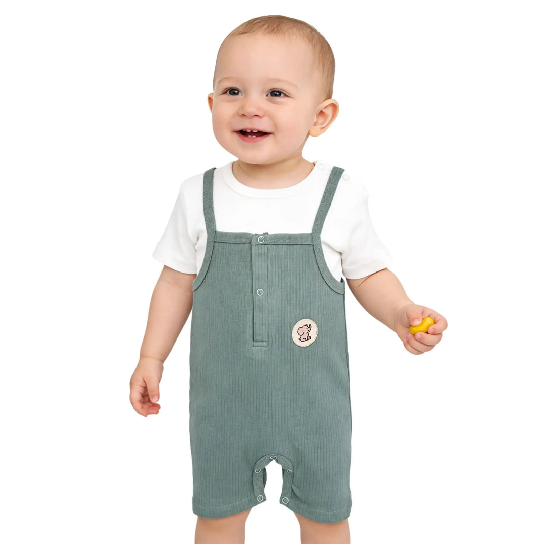 Babies Basic Ribbed Cotton Dungaree with Short Sleeves T-shirt