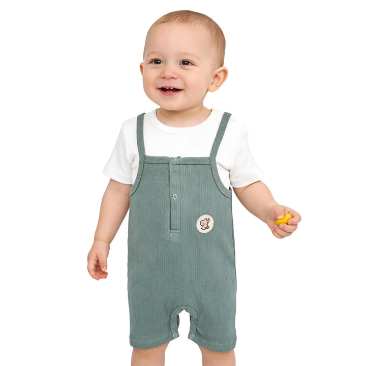 Babies Basic Ribbed Cotton Dungaree with Short Sleeves T-shirt