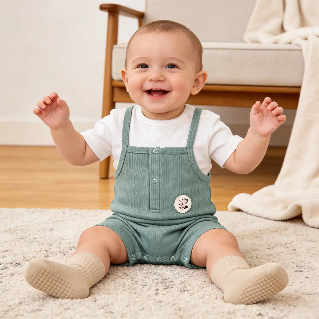 Babies Basic Ribbed Cotton Dungaree with Short Sleeves T-shirt