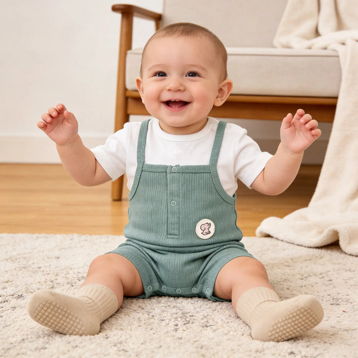 Babies Basic Ribbed Cotton Dungaree with Short Sleeves T-shirt