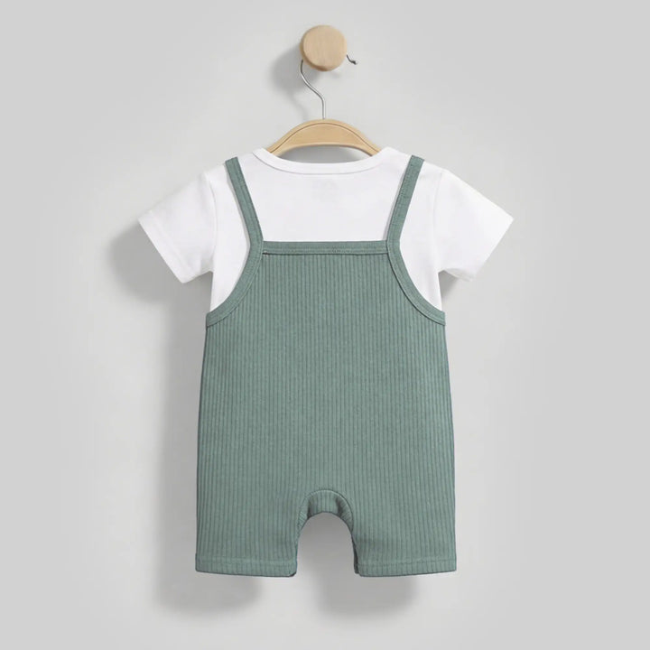Babies Basic Ribbed Cotton Dungaree with Short Sleeves T-shirt