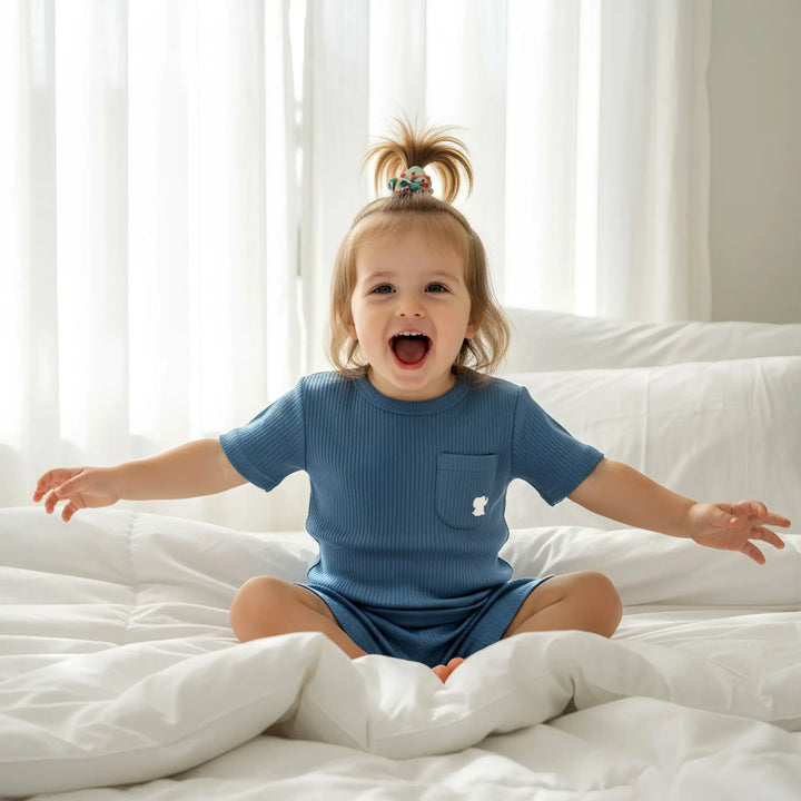 Babies Basic Ribbed Cotton Short Sleeves T-shirt and Plain Shorts Set