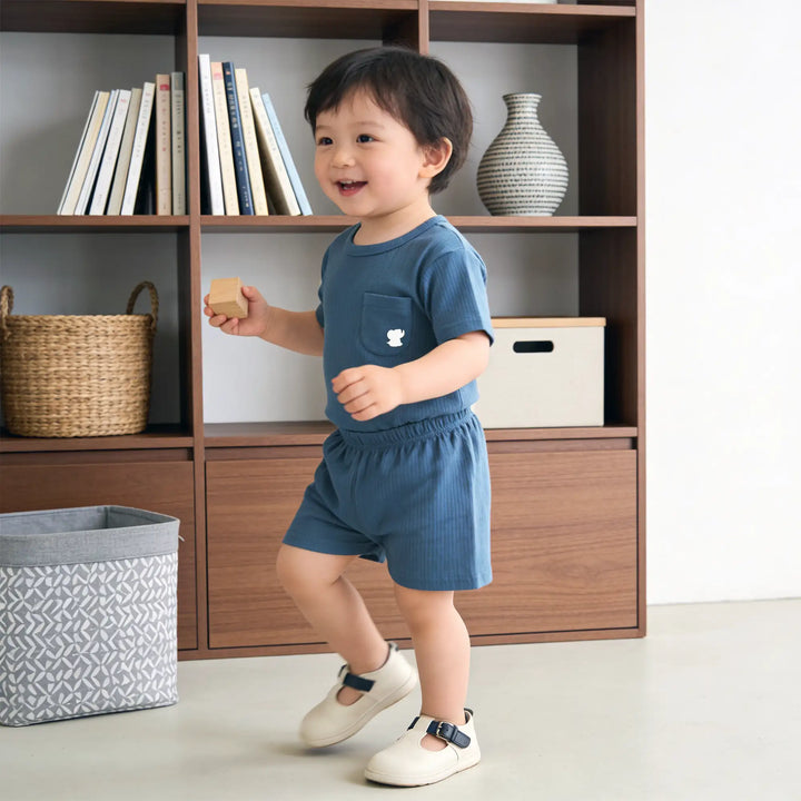 Babies Basic Ribbed Cotton Short Sleeves T-shirt and Plain Shorts Set