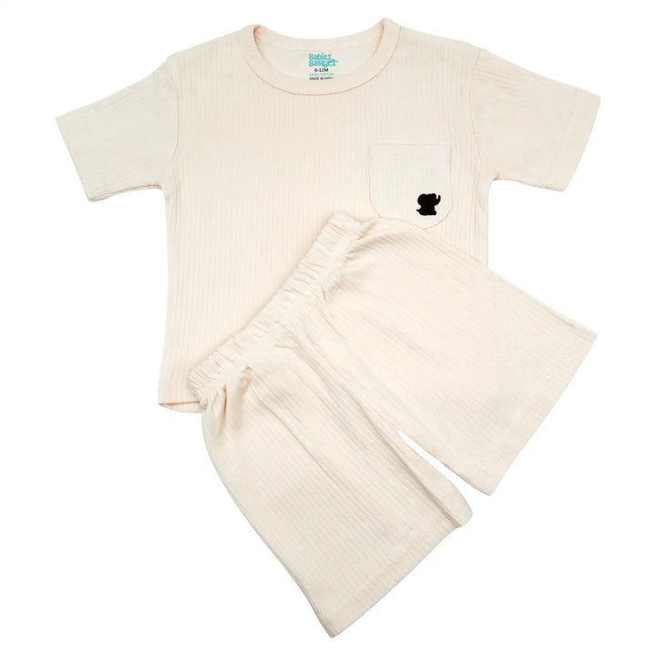 Babies Basic Ribbed Cotton Short Sleeves T-shirt and Plain Shorts Set