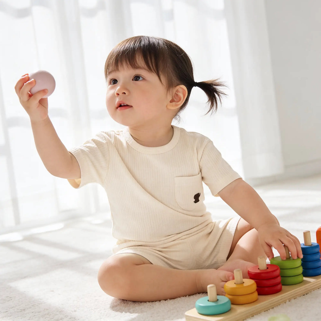 Babies Basic Ribbed Cotton Short Sleeves T-shirt and Plain Shorts Set