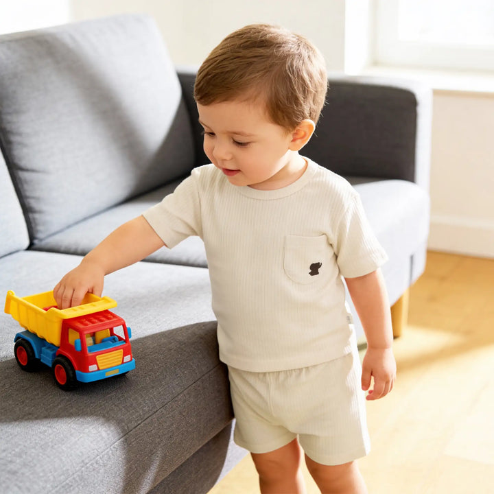 Babies Basic Ribbed Cotton Short Sleeves T-shirt and Plain Shorts Set