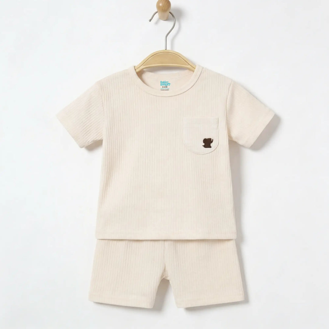 Babies Basic Ribbed Cotton Short Sleeves T-shirt and Plain Shorts Set