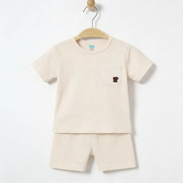 Babies Basic Ribbed Cotton Short Sleeves T-shirt and Plain Shorts Set