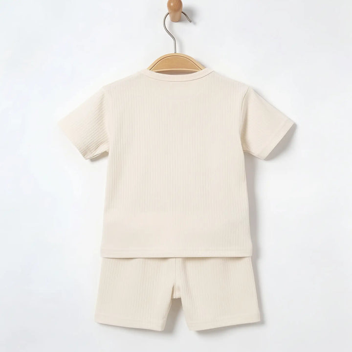Babies Basic Ribbed Cotton Short Sleeves T-shirt and Plain Shorts Set