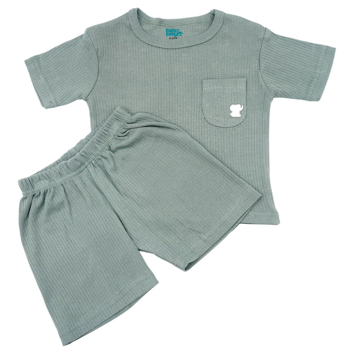 Babies Basic Ribbed Cotton Short Sleeves T-shirt and Plain Shorts Set