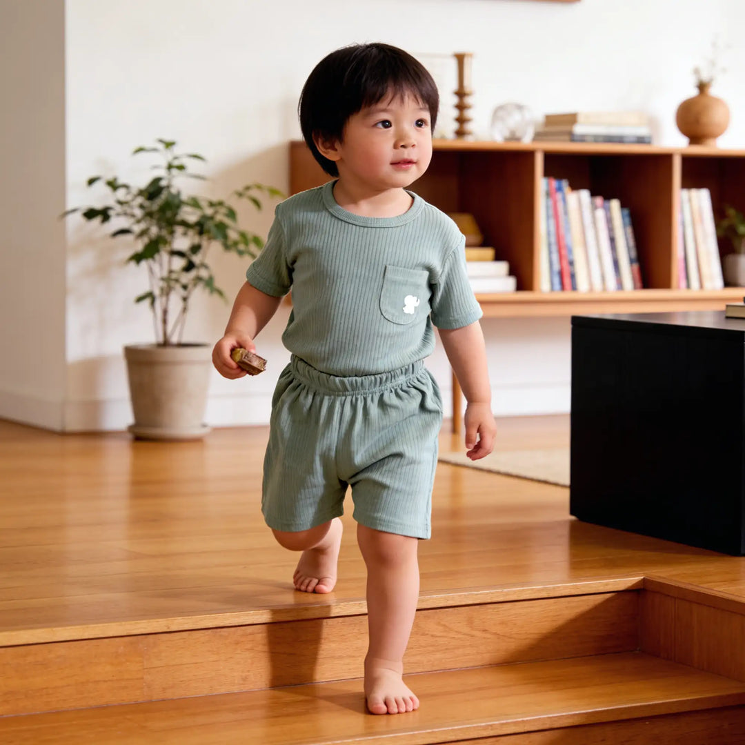 Babies Basic Ribbed Cotton Short Sleeves T-shirt and Plain Shorts Set