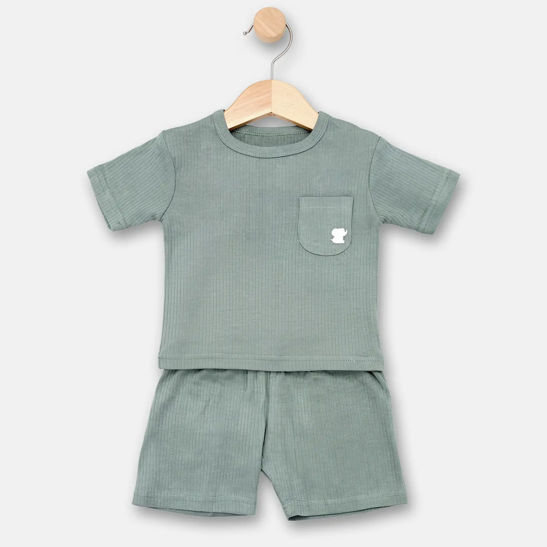 Babies Basic Ribbed Cotton Short Sleeves T-shirt and Plain Shorts Set
