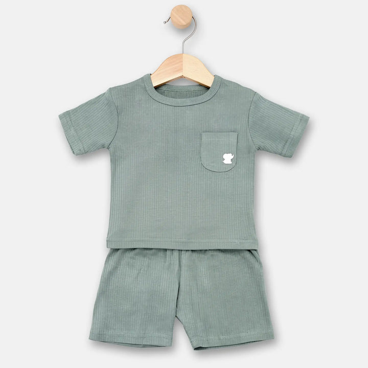 Babies Basic Ribbed Cotton Short Sleeves T-shirt and Plain Shorts Set