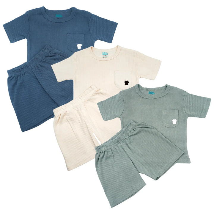 Babies Basic Ribbed Cotton Short Sleeves T-shirt and Plain Shorts Set - Pack of 3